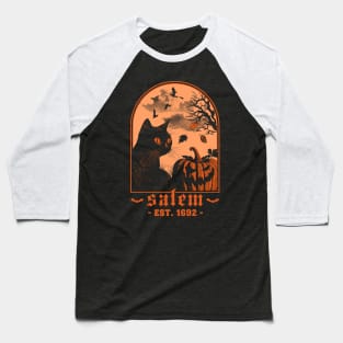 Salem 1692 - Black Cat Pumpkin - Retro Vintage Halloween Baseball T-Shirt